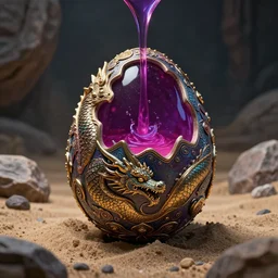 beautiful decorative dragon egg, deadly potion flowing from the top, rock and sand around, peter mohrbacher style, ray tracing, cinematic, digital art, realistic, octane render