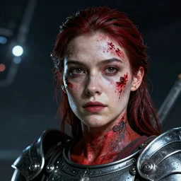 hyper - realistic photo portrait woman english warrior of the future, face in red paint, face in scars, avatar, space odyssey, in the background dunkeeinematographic,
