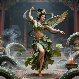an immaculate render of a dancing chinese goddess adorned with leaves and cables and bird wings, dancing in a temple surrounded by wild tentacles made from mandalas and incense smoke, full body, perfect face, powerful, cinematic, beautifully lit, by artgerm, by karol bak, by android jones, 3 d, trending on artstation, octane render, 8 k