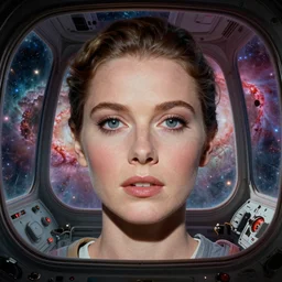 close face portrait of Mila Kunis in suspended animation, derelict space ship, saturated nebula through large windows, 1970, Ludek Pesek, Rick Guidice, Chesley Bonestell, Lucien Rudaux, Rolf Klep, Fred Freeman, George Pal