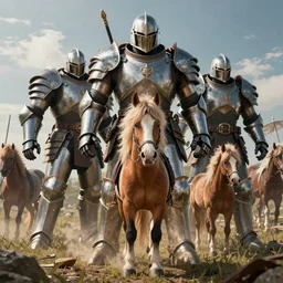 the tiniest warrior pony amongst his massive armored brothers on the battle front for a cool movie poster
