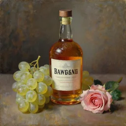 oil painting of whiskey bottle, translucent grapes, rose, art by anders zorn, wonderful masterpiece by greg rutkowski, beautiful cinematic light, american romanticism by greg manchess, creation by tyler edlin