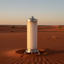 atmospheric water condenser, array technology, in the red australian desert, dawn's natural light, high quality photograph, shallow depth of field, simple composition, symmetrical, golden ratio