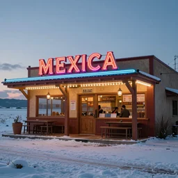 photo of a mexican restaurant, neon lights, in a flat snowy field. 35mm. Very detailed 8k. Sharp. Cinematic post-processing. Unreal engine. Ray tracing. Parallax. Tessellation