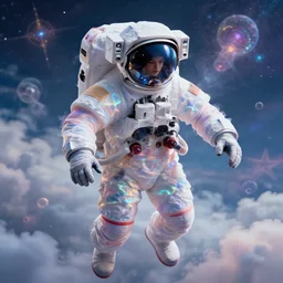 a photorealistic detailed image of a beautiful vibrant iridescent astronaut formed of clouds, spiritual science, divinity, utopian, by david a. hardy, hana yata, kinkade, lisa frank,