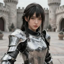 a masterpiece hyperrealistic ultradetailed fullbody photograph of a lifelike real human anime girl wearing steel plate armor, selfie, inside a castle courtyard, k - pop, rough skin pores texture, desaturated, photoreal image, made by wlop, photoreal, overrendered, blender, unreal engine, extremely detailed, trending on artstation, sharp focus, 4 k