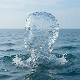 spilling water creating a human head out sculpture of water, on the ocean water, ray tracing, realistic water sharp focus, long shot, 8 k resolution, cinematic, amazing water art