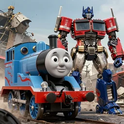 thomas the tank engine vs. optimus prime : big revenge : coming soon to theaters, epic cinematic poster, post - apocalypse, demolition, realistic, photo, photorealistic, detailed, high quality, high resolution, 8 k, hdr, 4 k