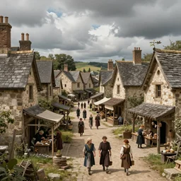 villagers going about their day, medieval fantasy inspired, concept art, wide shot, cloudy, detailed, intricate, dynamic lighting, high resolution, village, shops, streets