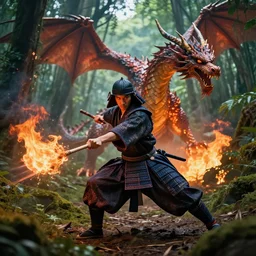 a brave samurai fighting with a fire dragon in the middle of the jungle, professional photography