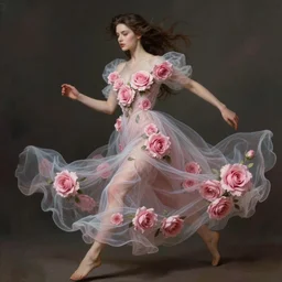 !!beautiful!! woman dressed in a vaporous wrapped large victorian pink roses silk semi-transparent dress fashion is running, fantasy, intricate, elegant, highly detailed, digital painting, trending on artstation, concept art, matte, sharp focus, illustration, art by Artgerm and Greg Rutkowski and Alphonse Mucha