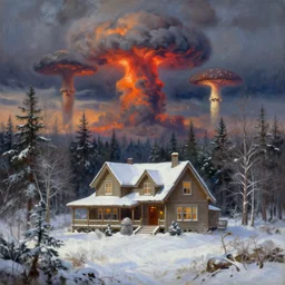 nuclear apocalypse at a beautiful house in the woods during winter, mushroom clouds line the horizon, oil painting by Thomas Kinkade, detailed, 4k