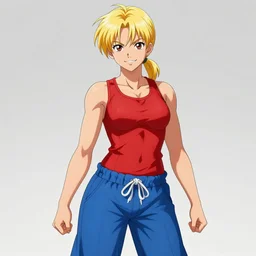 A short and athletic young woman with blonde ponytails, a determined smile, wearing a red tank top and airy blue pants. Sports anime, digital painting by WLOP