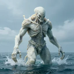 enormus humanoid coming out of the ocean. water hip deep, white rubbery skin. cthulhu. concept art, dnd, cinematic