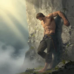 editorial illustration by karolis strautniekas and mads berg, illustrated fantasy giant leaning on a wall, low hanging fog, stone cliff, fine texture, detailed, muted colors, dramatic lighting, dynamic composition, vivid, matte print, ( ( sunbeams ) ), moody