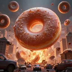 giant donuts falling into and exploding buildings and cars, dim volumetric lighting, 8 k octane beautifully detailed render, post - processing, extremely hyper - detailed, intricate, epic composition, giant food natural disaster, cinematic lighting, masterpiece, trending on artstation, detailed detailed detailed, masterpiece, stunning art by anders zorn, wonderful masterpiece by greg rutkowski, beautiful cinematic light, american romanticism by greg manchess, jessica rossier