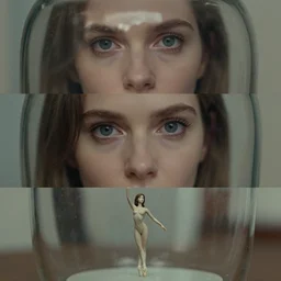 beautiful three point perspective film still of holly herndon in merce cunningham, extreme closeup portrait in style of frontiers in blade runner miniature photography fashion architectural art studio seinen manga edition, real - life porcelain statue in victorian glass jar, eye contact, anatomically correct, pointe pose, tilt shift background, soft lighting, panavision, 8 k, macro, cinematic style by emmanuel lubezki