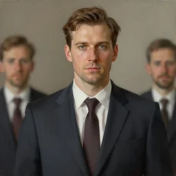 a portrait of men in suits with tie in a painting from stalenhag, 4 k, 8 k, hdr, artstation, concept art