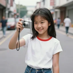 80's color photo, 10-years-old girl, smile for cam on the street