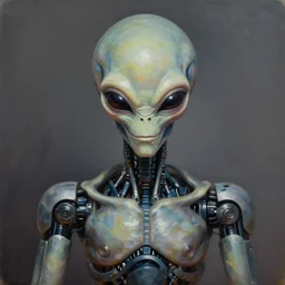 a perfectly centered portrait of an alien biomechanical robot buddha, male, intense stare, sarcastic smile, volumetric lighting, volumetric shadows, highly detailed, realistic oil painting by tim hilderbrandt,