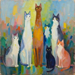 contemporary semi abstract acrylic painting of really tall sitting cats by makoto shinkai, by greg rutkowski, by lisa frank, thick brush strokes and visible paint layers, multicolor color scheme