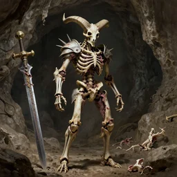 A spiked horned skeleton with armored joints stands in a large cave with a huge weapon. Extremely high detail, realistic, fantasy art, solo, masterpiece, bones, ripped flesh, art by Zdzisław Beksiński, Arthur Rackham, Dariusz Zawadzki