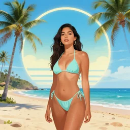 a latina brazilian girl in bikini in the beach mediterranean palm trees major arcana sky, epic retrowave art, trending on art station