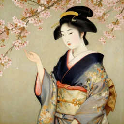 Painting of a Japanese woman in the style of Jean-Léon Gérôme, kimono, cherry blossoms
