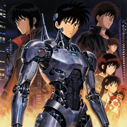 a japanese cyberpunk android, wide shot, finely detailed features, cyborg robot parts with glowing lights!, dramatic cinematic, night, at cyberpunk city, ghost in the shell, akira, noir, manga!, heavy metal!, painted by greg rutkowski makoto shinkai takashi takeuchi craig mullins, alphonse mucha, studio ghibli, pixiv