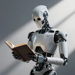 a vicious killer robot reading a book