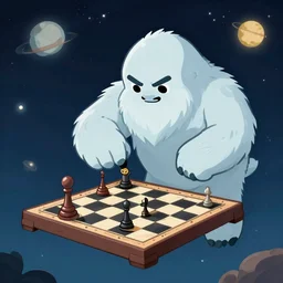 yeti plays chess while floating in space, friendly, cartoon