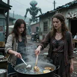 she makes the deep boil. dark fantasy story about two casually - dressed women in a dirty seaside town, a globster, and a beautiful song. color cinematic still from an action - packed 2 0 1 1 bombing!! hybridizing alien - robot invasion science - fiction blockbuster movie ; highly - detailed.