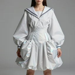 designer figure haute couture collection light textiles, body fitted dart manipulation, loose coat collar sailor uniform, midi skirt, coated pleats, synthetic curves striking pose, stylized dynamic folds, cute huge pockets, intriguing volume flutter, youthful, modeled by modern designer bust, smart holographic textiles, expert composition, professional retouch, editorial photography