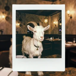a polaroid of a goat in a fancy restaurant