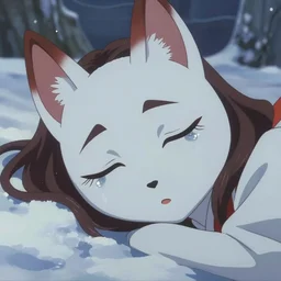 anime kitsune girl sleeping in snow den, tears, simplified facial features, stylized face, symmetrical face, detailed eyelashes, depth focus, chromatic aberration, noise, soft lighting, srgb, 4 k, cinematic rembrant kuvshinov ross tran craig mullins leyendecker wlop guweiz