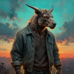 minotaur in modern casual clothes , backlight  body , extreme very textured detailed intricate  painting by rembrandt, sunset, dramatic clouds cyan atmosphere