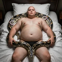 Shirtless bald fat man on bed with a large boa constrictor that has onion rings around it, realistic artstyle, wide shot, dramatic lighting, octane render, hyperrealistic, high quality, highly detailed, HD, beautiful, cinematic, 8k, unreal engine, facial accuracy, symmetrical