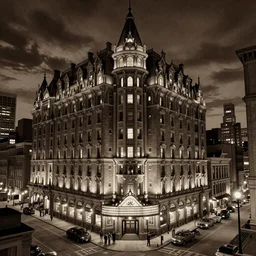 full color sepia - toned cartoon of a 1 9 2 0 s gothic style hotel in downtown boston, overlooking a dark street, h. p. lovecraft, architectural, atmospheric lighting, brooding, painted, intricate, ultra detailed, well composed, best on artstation, cgsociety, epic, horror, stunning, gorgeous, intricate detail, much wow, masterpiece, cinematic aesthetic octane render, 8 k hd resolution,