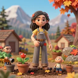 a stopmotion animation character, a beautiful canadian woman, gardening, very attractive, some dark grey hair, stripey pants, canadian maple leaves, mountains, autumn, unreal engine 5, 8 k, kubo and the two strings, jan svankmayer, disney, pixar,