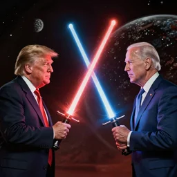 donald trump vs joe biden, lightsaber duel on the planet mustafar, star wars revenge of the sith, canon 5 0 mm, cinematic lighting, photography, retro, film, kodachrome