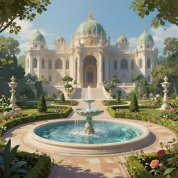 Beautiful garden, next to a fountain and a mystical palace, intricate, elegant, volumetric lighting, digital painting, highly detailed, artstation, sharp focus, illustration, concept art, ruan jia, steve mccurry