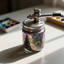 airbrush of sealed canning jar of swirling ink shimmering on a desk, dramatic afternoon lighting, intense watercolor, heavy metal, tilt shift, photo realistic, by moebius