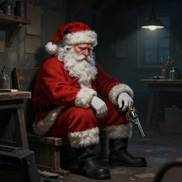 depressed santa claus sitting in his workshop after hours. revolver. sad. dimly lit. dark. 4 k rtx hdr volume light concept studio matte painting environement digital illustration style artstation artur tarnowski, mihai muscan, marcin tomalak, marta leydy, marcin stepien, charlotte hughes,