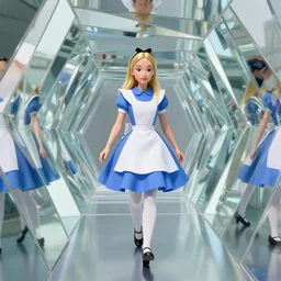 vfx surreal 3 d portrait of alice from wonderland walking into a non - euclidean and infinite tunnel of evanescent hallucinatory images in endless mirrors that temporarily cling to a virtual node of experience called the self in an illusion called spacetime, hyperdetailed, octane render, sharp focus, by alex grey, jeff soto and daniel merriam, dan mumford and pixar, nvidia raytracing demo