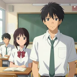 high school classroom scene spring setting anime promotional poster, expert high detail concept art, perfect proportions define face, tall handsome guys, colorful, sharp focus, realistic shaded lighting artistic, kazue kato, makoto shinkai, loish and clamp style, expert artist