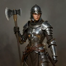 an woman wearing metal scrap armor and an helmet holding an axe, Matte painting , detailed painting, made by Greg Rutkowski, 4k, atmospheric
