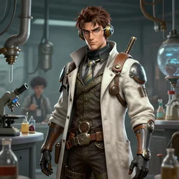 A ruffedly handsome male dieselpunk scientist in a lab coat, visualartzi, dieselpunk, anime, concept art by Karla Ortiz, James Paick, Charlie Bowater, Krenz Cushart, highly detailed, ultra detailed, ultra realistic, trending on artstation, cgstudio