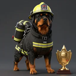 Rottweiler Firefighter, digital art, artstation, award winning masterpiece, very detailed, furry art