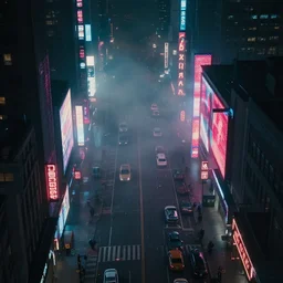 city streets seen from above, neon signs, giant screens, eerie fog, blade runner, ex machina