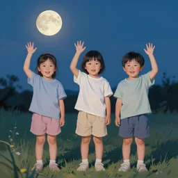 portrait painting of cute little kids waving their hands, full body framing, dreamy matte colors, night time, photorealistic faces and skin tones, volumetric lighting, smooth, trending on artstation, moonlit backdrop, 4 k